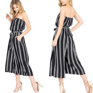Black & white striped strapless cropped wide leg jumpsuit w/ pockets size medium